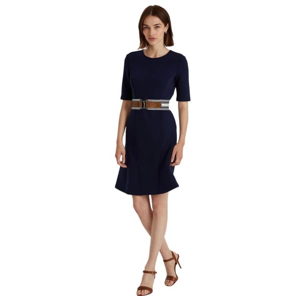 Ralph Lauren Womens Panel Belted Fit & Flare Dress Blue S modest wear to work